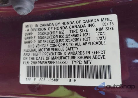2015 Honda Cr-V Ex-L from USA, damaged, VIN 2HKRM3H78FH553280